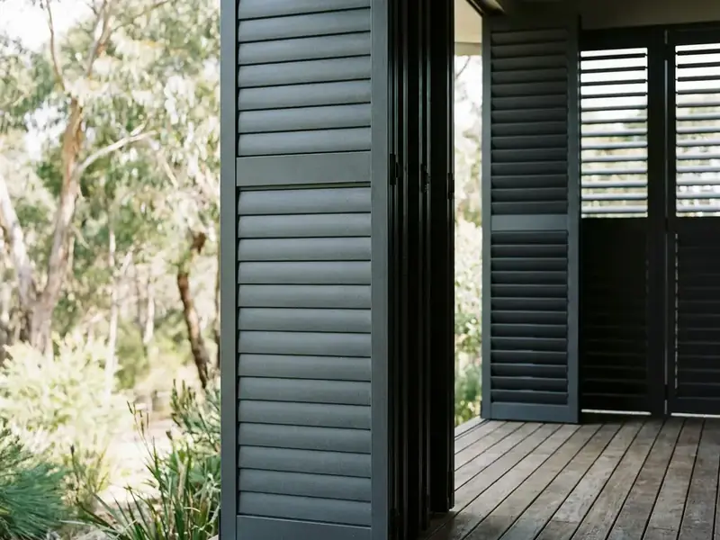 Charcoal powder-coated aluminium plantation shutters on an outdoor deck