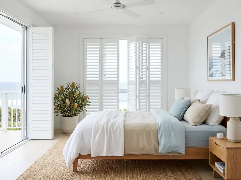 White plantation shutters fitted to a bedroom window in a coastal Sunshine Coast home