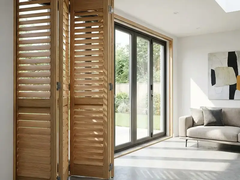 Bi-fold plantation shutter panels stacked back from a wide opening