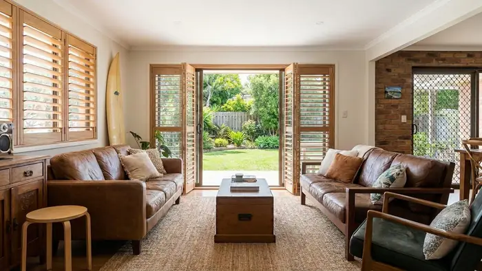 Timber shutters in a living room
