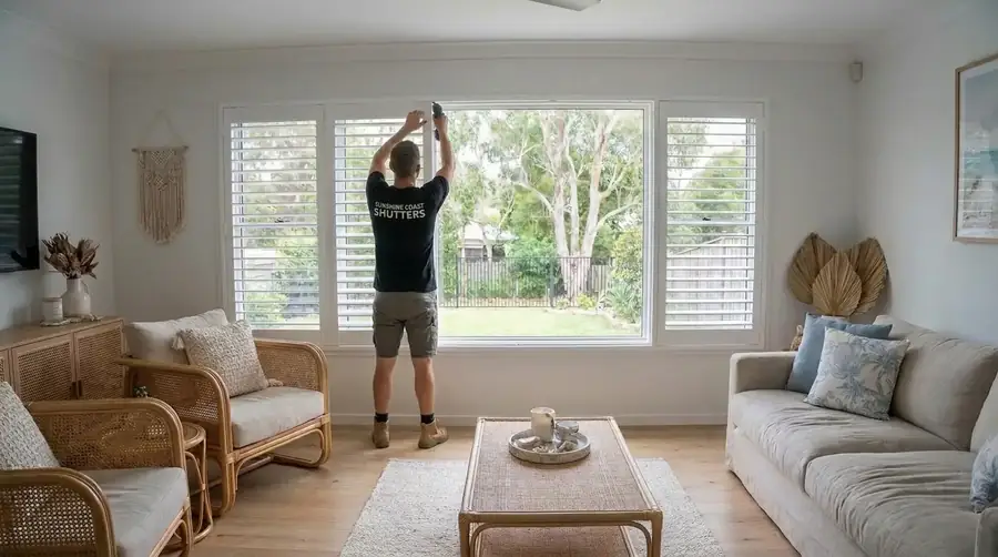 A Sunshine Coast Shutters installer fitting a plantation shutter panel into a living room window