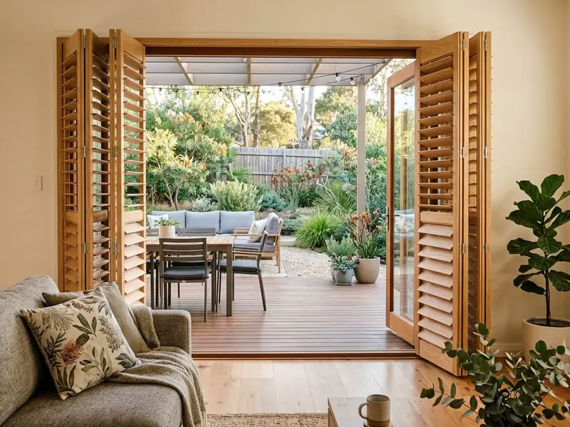 Bi-fold plantation shutters folded clear of a kitchen servery