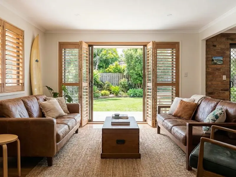 Plantation shutters running continuously around a bay window return