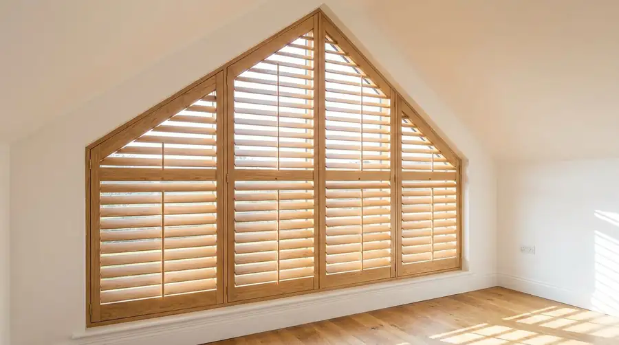 Timber plantation shutters made to fit a raked gable window