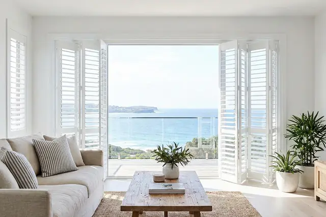 Painted white timber plantation shutters