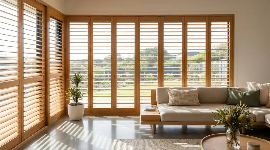 Timber plantation shutters across a Sunshine Coast living room